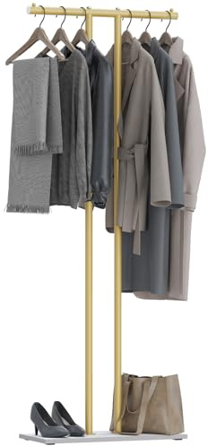 OUTBROS Porte-manteau en forme de T, Métal Portant avec Dalles de roche lourdes, Portemanteau sur Pieds pour Manteaux, Chapeaux, Sacs, pour Entrée, 60x25x175cm, Jaune Doré
