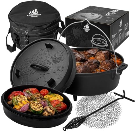 FEUERGOTT Dutch Oven Set 4,5 l Gusseisen Feuertopf mit Füßen Schwarz mit Deckelheber Ringreiniger Transporttasche für Grill Feuerstelle Camping BBQ Brot Backen Schmoren