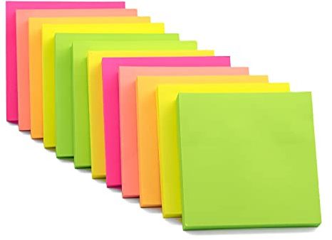 Vibrant Neon Square Sticky Notes Multipack 76x76mm (3x3) | 1200 Sheets | 12 Repositionable, Residue-Free Adhesive Self-Stick Memo Pads for Office, School & Home | Note-Taking, Reminders, To-Do Lists
