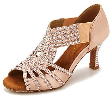 TTdancewear Ballroom Dance Shoes Women Rhinestone Latin Salsa Dance Shoes Practice Low Heels 2.5 (8.5,Nude)