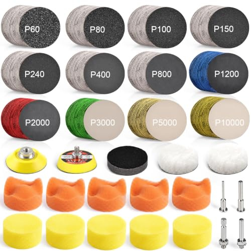 199 PCS 2 Inch Wet Dry Sanding Discs 60-10000 Grit Hook and Loop Sandpaper | Drill Sanding Attachment Polishing Kit Headlight Restoration Kit with Rotary Tools for Auto Metal Glass Resin Wood Jewelry