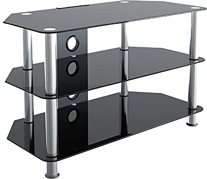 MAHARA Glass Corner TV Stand – Universal Black Glass TV Unit 80cm wide with Glass Shelves and Cable Management – TV Floor Stand Suitable for up to 42” TVs and Max Weight 40Kg