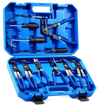 Orion Motor Tech 9pcs Hose Clamp Pliers for Fuel Oil & Water Hoses, Automotive Long Reach Hose Clamp Remover Kit with Flexible Wire Clic R Type Swivel Jaw Flat Band Pliers Case, Blue
