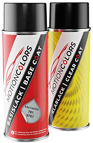 MOTIONCOLORS Polarsilber Metallic/Polar Silver Metallic 761/9761 für Mercedes Autolack Sprühdosen Set Basislack Klarlack Spraydose 400ml