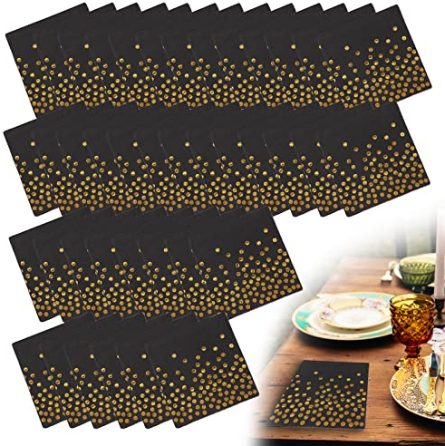 ZoeTekway Papierservietten Schwarz Gold Dots Golden folierte Papierservietten Papierservietten 33x33 cm für Geburtstag, Hochzeit, Abendessen und Partydekoration (Schwarz 40 Blatt)