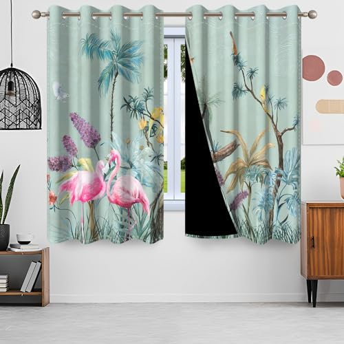 Gardinen Wald, Uiiooazy Vorhänge Palmenblätter Tropische Pflanzen Flamingo Thermovorhang Blickdicht Polyester Vorhang Verdunkelungsvorhänge mit Ösen für Schlafzimmer Wohnzimmer Kinderzimmer, 140x245cm
