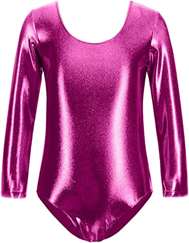 FUREINSTORE Maillot de Danza Ballet Gimnasia Leotardo Body Clásico Brillante Elástico para Niñas de Manga Larga Cuello Redondo para Bailarina (10 Años, Fucsia)