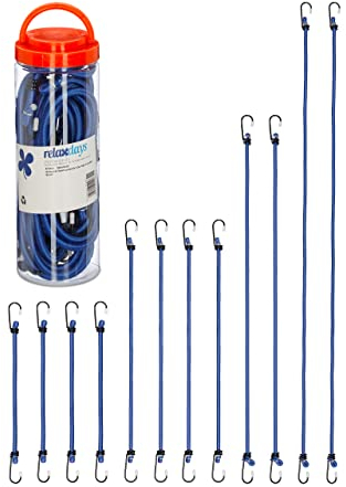 Relaxdays Bungee Cords with Hooks, Set of 12, Bike & Car Cargo Strap, Universal Elastic Band for Luggage, 4 Sizes, Blue