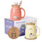 Set de 2 tasses à chat Tasse à thé en forme de chat Tasse à café en céramique avec couvercle Kawaii Mugs mignons pour femmes 500ml Noël Anniversaire Tasse cadeau pour chat ( Rose et jaune )