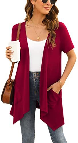 Yommay Strickjacken für Damen Elegant Solide Kurzen Ärmel Strickjacke Casual Sommer Leichter Lockere Cardigan mit Taschen,Weinrot,XX-Large