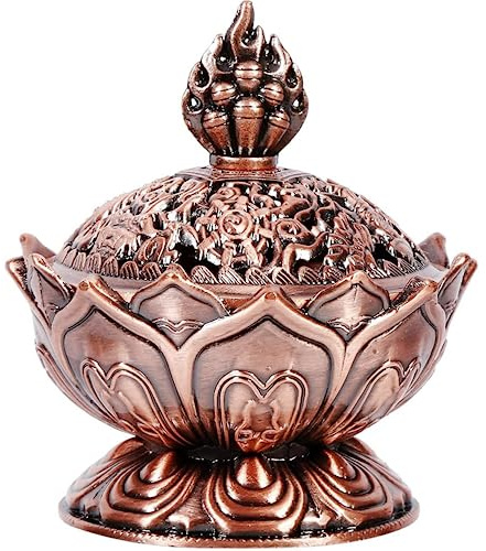 Mini Räuchergefäß Lotus Bronze Zink-Legierung, Räucher-Schale mit Deckel, Räucher-Gefäß für Kohle, auch für Räucher-Stäbchen oder Räucher-Kegel, für Heim und Büro Dekoration, S (Braun)