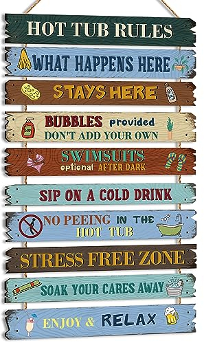 Tatuo Holzschild mit Aufschrift Hot Tub Pool Patio Rules, dekoratives Schild, Wandschild für Badezimmer, Pool, Hinterhof, Outdoor-Wandkunst-Zubehör (klassisch)