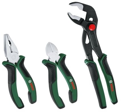 Bosch Set di pinze da 3 pezzi Premium, Pinze Universali Durevoli, Precise, Tronchese Diagonale e Pinza A Pappagallo, Rivestimento Softgrip Ergonomico, Superficie Placcata in Nichel, Edizione Amazon