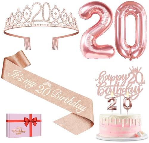 Amosking 20. Geburtstag Mädchen Deko: Krone, Schärpe, Tortendeko, Kerzen, Luftballons & Geschenkbox in Roségold
