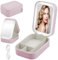 JIZZU Makeup Bag with Mirror, Lighted Vanity Case for Travel, Lighted Cosmetic Case with 3 Color Light, Portable Travel Cosmetic Organiser with Compartments for Women Outing Trip Tour(Pink)