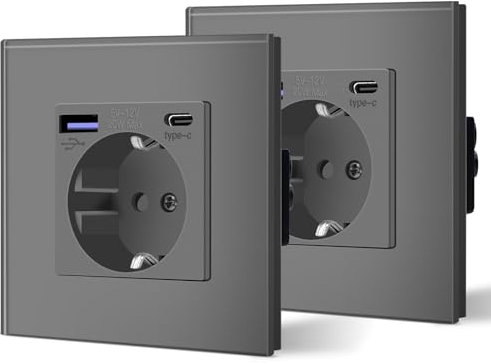 BSEED Enchufe Pared con 20W USB y Tipo C,Enchufe USB C de Cristal,Carga Rápida,3 en 1,Fácil Instalación,1 Enchufe-2 Pack,86mm Gris