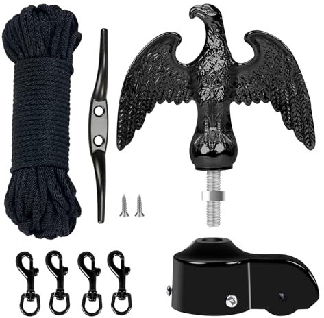 NQ Fahnenmast Zubehör Set mit Adler,Fahnenmast Reparaturset,Fahnenmast-Reparaturteile inkl.Adler,Seil,Karabiner, Klampe,Topper aus Aluminium mit Seilrolle(Schwarz)