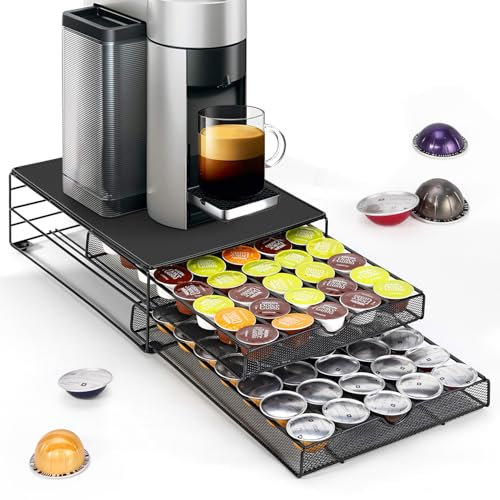 Vinsani Coffee Pod Storage Drawer for 80 Dolce Gusto Capsules – 2-Tier Sliding Drawer Organiser with Non-Slip Surface, Minimalist Space-Saving Coffee Pod Holder for Kitchen Countertop