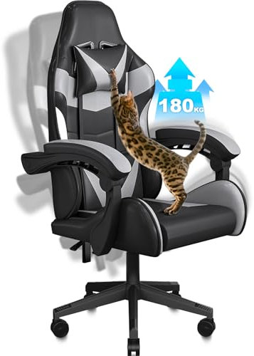 BASETBL Großer Gaming-Stuhl 180KG mit Kratzschutz gegen Katzen, Ergonomischer Bürostuhl mit Abnehmbarer Kopfstütze, Bürosessel Schreibtischstuhl Chefsessel Drehstuhl mit Lendenwirbelstütze