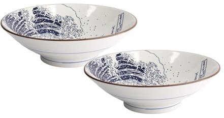 Tokyo Japanese Schalen 2er Set, extra große Suppen- & Ramen-Schalen, handgefertigte Porzellan-Schüsseln mit Hokusai-Wellenmotiv, Ø 24 cm, 1400 ml, Made in Japan, Schalen für Nudeln, Salate & Pasta