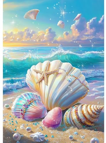 Bowetile 5D Diamond Painting Bilder Strand Muschel, Landschaft Diamond Painting Set für Erwachsene und Kinder, Komplettes DIY Diamond Art Malen Stickset für Kreuzstichbilder, Wohnkultur 30x40 cm