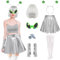 Alien Kostüm Damen Set-7Stück mit Perücken Rock Strümpfe, Silberne Handschuhe Alien Brille, Haarband, Pailletten, Alien Space Kostüm Damen für Karneval Maskeraden Cosplay Kostüm (Silberweiß, L)