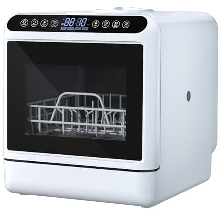 Tneukoom Mini Countertop Dishwasher - 1000W, 5 Place Settings, 6 Functions (Quick, Standard, Power, Fruit, Sterilizing, Drying), Plastic, 46x46x41cm UK
