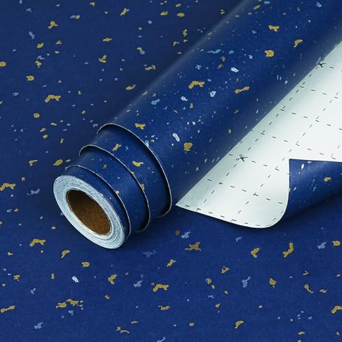 Dunkelblau Gold Geschenkpapier Rolle, 43cm x 10m mattes Dunkelblau Kraftpapier Geschenkpapier mit Gold- und Silberfolien Design, Geschenkpapierrolle für Geburtstag, Hochzeit, Weihnachten, Neujahr