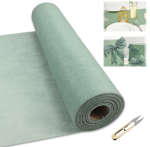 Vlies Tischläufer Eukalyptus Grün, 25m x 30cm Dekoratives Tischband mit Kleine Schere, Tischdeko Tischläufer Rolle für Geburtstage, Taufen Kommunion, Hochzeiten und andere Feierlichkeiten