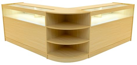 Maple Shop Counter Set Theseus LED Light B1500 LM60 150cm 60cm W Lockable Sliding Doors Keys 3 Retail Storage Units Glass Display Showcase Cabinet Corner Clothing Jewellery Store Shelves Lighting