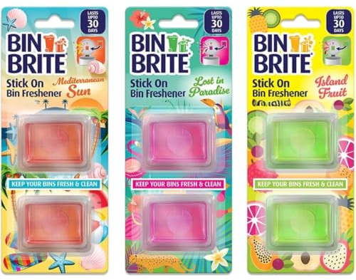 Bin Freshener Stick-On – 6 Pack Odor Eliminator & Deodorizer | 3 Long-Lasting Scents Mediterranean Sun, Paradise Island, Fruit | Easy Peel & Stick Air Freshener for Bins