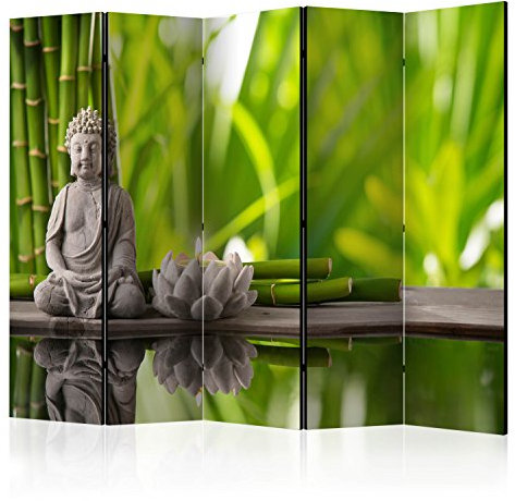 RAUMTEILER/PARAVENT B&D XXL - Paravent Raumteiler Innen Spa Zen Buddha 225x172 cm 5-teilig Einseitig Raumtrenner Trennwand Holz Room Divider Spanische Wand Raum Abtrennung grau grün b-B-0187-z-c