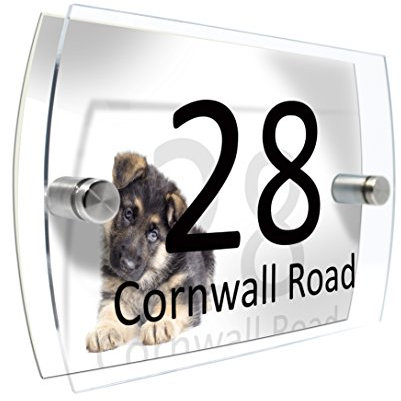 CS Printing House Number Sign Plaque Garden Glass Effect Acrylic Sign Door Plate Marble Wall Display 2 Part Branded Acrylic (German Shepard)