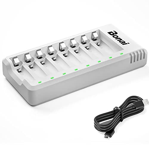 BONAI Caricabatterie per Pile Ricaricabili AA e AAA 8 Slot con Intelligente LED Caricabatterie Ricaricare Batterie Ni-MH Ni-Cd(con Cavo USB)