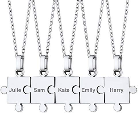 PROSTEEL Damen Collier 5 Stücke Puzzle Anhänger personalisiert Puzzle-Teile Familien Freundschaft Schmuck mit 55cm/2mm Edelstahl Rolokette für Weihnachten Jahrestag
