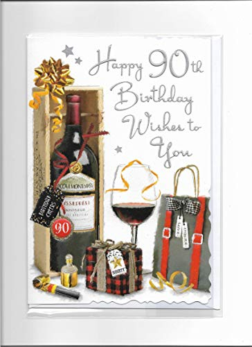 90th Birthday Card - Wine Bottle, Glass and Gift Bag