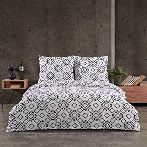 Style Heim Biber Bettwäsche 135x200 cm Flauschige Winterbettwäsche 2 Teilig 100% Baumwolle mit Reißverschluss Bettwäsche-Set Kissenbezug 80x80cm, Geometrisches Muster Geo, Schwarz Weiß