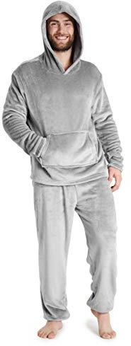 CityComfort Pigiama Uomo Invernale Pile Caldo con Cappuccio, Pigiami Due Pezzi Lunghi M - 2XL, Idee Regalo di Natale (Grigio Chiaro, XXL)