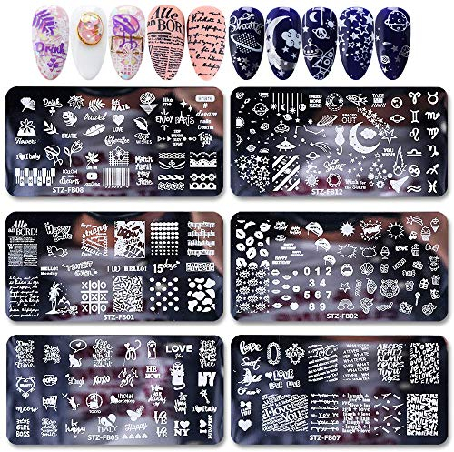 Mwoot 6Pcs Nail Art Image Stamping Plate Set, Pretty Starry Sky Star Unicorn Cat love Leaves Lace Theme Manicure Print Tool Nail Template