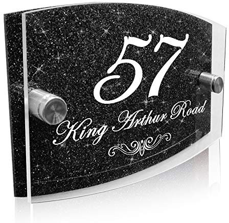 Modern House Sign Plaque Door Number | Personalised Glass Effect Acrylic Glitter Sign | Personalised House Number Hand Finished in UK (Black Glitter, Design D)
