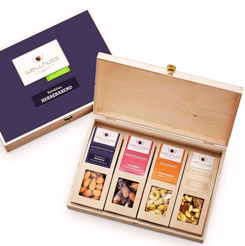 WELLNUSS Geschenkidee für Männer Herrenabend mit edlen Nussmischungen | 4 Premium Snacks in der Birkenholzbox (4 x 60-70 g) | Vegan | Geschenk für Mann, Freund, Papa, Opa zum Geburtstag, Vatertag