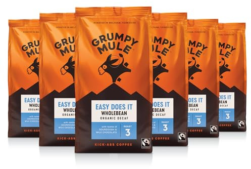 Grumpy Mule Easy Does It Swiss Water Organic (Decaf Coffee Beans) with notes of Milk Chocolate 200g (Pack of 6 - Total 1.2kg)
