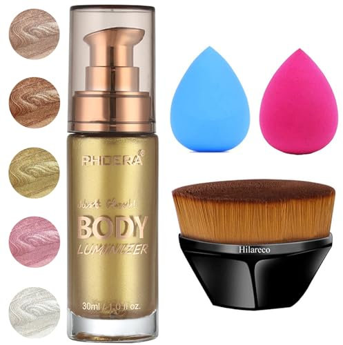 PHOERA Body Luminizer Schimmer öl Körper Highlighter mit Make-up-Pinsel Highlighter Körper Flüssig Glitzer Körper Glow Schimmer Makeup für Gesicht Körper Bein(102 Metallic Gold)