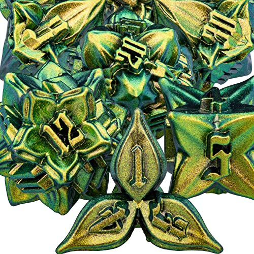 ARUOHHA, Set di dadi in metallo poliedrici con motivo con foglie, colore giallo e verde, con scatola, 7 dadi per giochi di ruolo, come DND, D20, D12, D10, D8, D6
