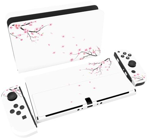 PlayVital Skin Sticker für Nintendo Switch OLED,Skin Aufkleber Sticker Decal Folie Abziehbild Faceplates Klebefolie für Switch OLED Konsole&Joy Con&Dock&Grip(Fallende Kirschblüte)