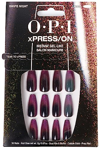 OPI xPRESS/ON Swipe Night - Holographic Black Long Coffin Press On Nails - With Nail Glue - Long Lasting, Reusable & Non-Damaging False Nails