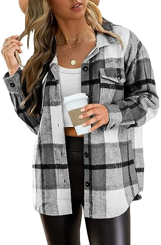 ZAGOO Donna Giacca Camicia a Quadri Manica Lunga Camicetta Cappotto Giacca di Flanella Allentato Casual Nero M
