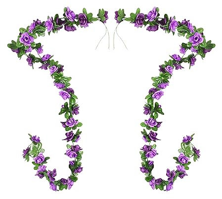 SKYPRO 2 x Rosenranken, grüne Blätter, Girlande, künstliche Blumen, Pflanzen für Hotel, Hochzeit, Zuhause, Party, Garten, Basteln, Kunstdekoration (lila)