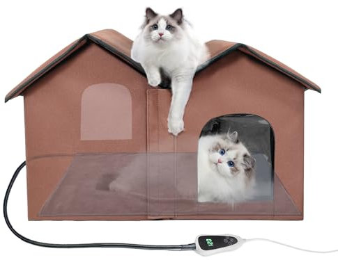 GOLOPET Heated Cat House with Intelligent Thermostat, Foldable Insulated Shelter for Indoor Outdoor Cats, Large Size with Double Room and 2 Doors, Removable Heating Pad Suit for All Seasons