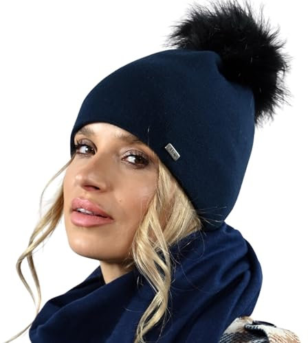 Alur Mütze Damen Beanie Wintermütze Strickmütze mit Bommel - Warme Elastisch Elegant Winter Mütze EKO Bommelmütze - Weiches Garn Stilvoll Universell Warm (Marine)